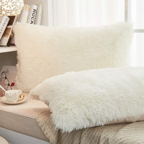 JAUXIO Long Faux Fur Soft Soild Decorative Pillowcase Oblong Fluffy Throw Pillow Cover Velvet Shaggy Plush Cushion Case Set of 2 Zipper Closure Ki...