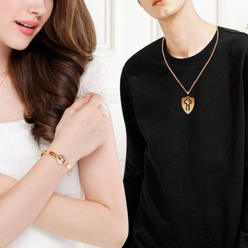 Uloveido Shield Key Pendant Necklace and Lock Bracelet for Girls Boys Couple Necklace Bracelet Set for Men and Women Anniversary Birthday Gift, Yo...