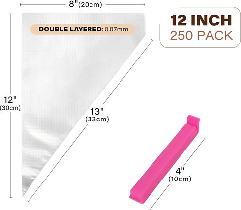 LotFancy 250pcs 12 Inch Piping Bags, Disposable Pastry Bags with 5 Clips, Anti-Burst Icing Piping Bag, Non-Slip Frosting Bags for Cakes and Cookie...
