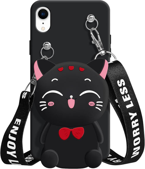 SGVAHY Wallet Case for iPhone XR with Strap Lanyard Cute Cat Black Coin Purse Funny Phone Case Kawaii Soft Silicone Shockproof Cover for Women Gir...