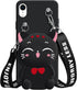 SGVAHY Wallet Case for iPhone XR with Strap Lanyard Cute Cat Black Coin Purse Funny Phone Case Kawaii Soft Silicone Shockproof Cover for Women Gir...