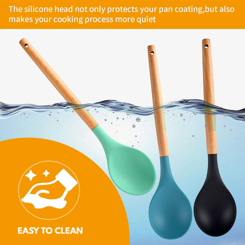 3 Pcs Large Silicone Spoon Wooden Handle Wood Handle Mixing Spoons Silicone Mixing Spoon for Cooking Baking Stirring Silicone Spoons Nonstick Heat...