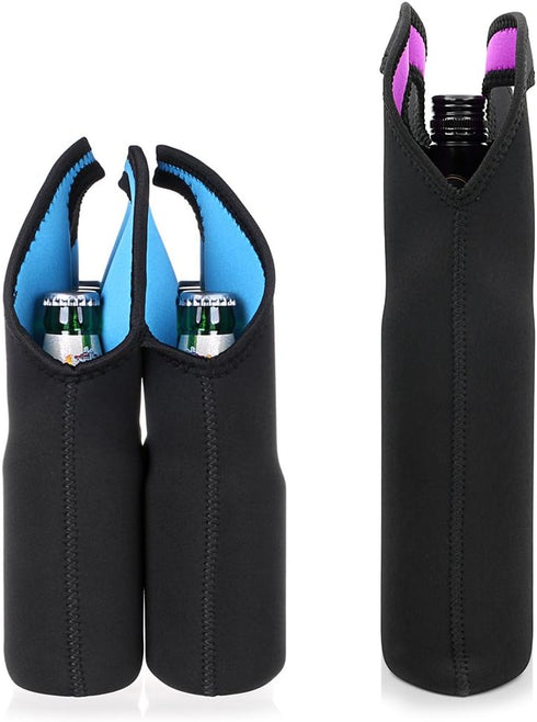 Hipiwe Set of 2 - Insulated Neoprene Wine Carrier Tote Bag + 6 Pack Beer Water Can Carrier Tote Bottle Holder Bottle Cooler Bag - Perfect for Trav...