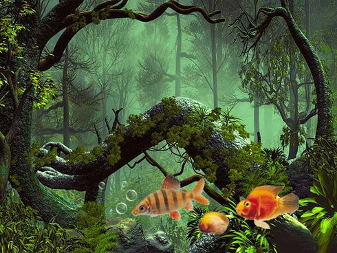 Forest Aquarium Background, Tropical Green Trees Stone Reptile Habitat Background, Foggy Rainforest Fish Tank Background Cloth, 48X24 inches Polye...