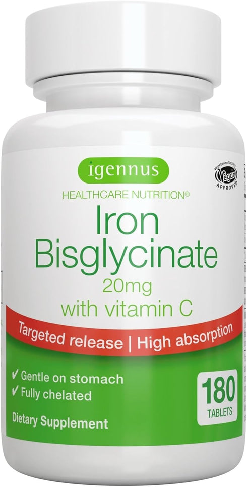 High Absorption Chelated Iron Bisglycinate 20mg with Vitamin C, Non Constipating Gentle Iron, 180 Tablets, Targeted Release, One Daily, Vegan, by ...