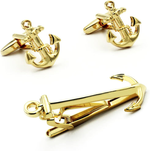 Sailing Boat Yacht Anchor Shirt Gold Tie Clip and Cufflinks Set...