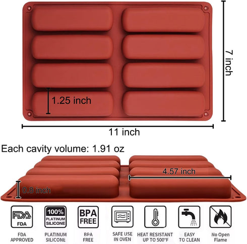 Finger Biscuit Silicone Mould, 2Pack 8 Cavities Finger Shaped Molds Granola Bars Twinkie Cake Pan Rectangular Strip Mold for Baking Energy Bars, C...