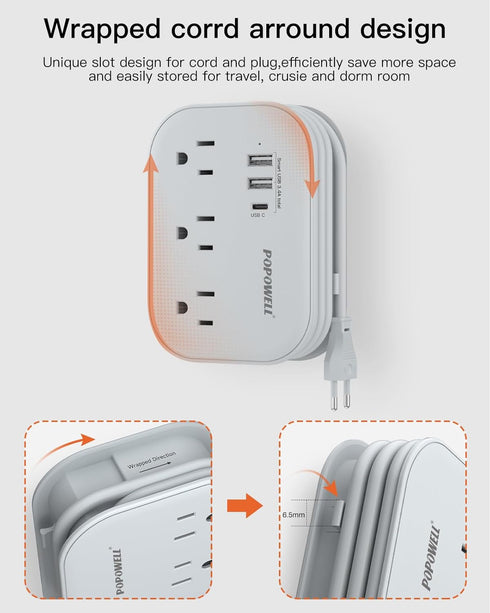 European Travel Plug Adapter USB C, Popowell International European Plug Adapter, 4 FT Travel Power Strip with 3 Outlets & 3 USB, Type C Power Ada...