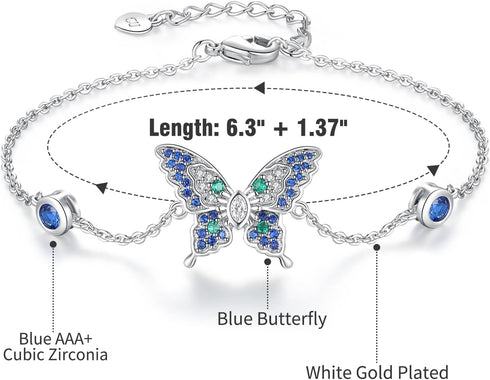 White Gold Plated Butterfly Bracelets for Women: Adjustable Blue Cubic Zirconia Butterfly Ankle Chain...