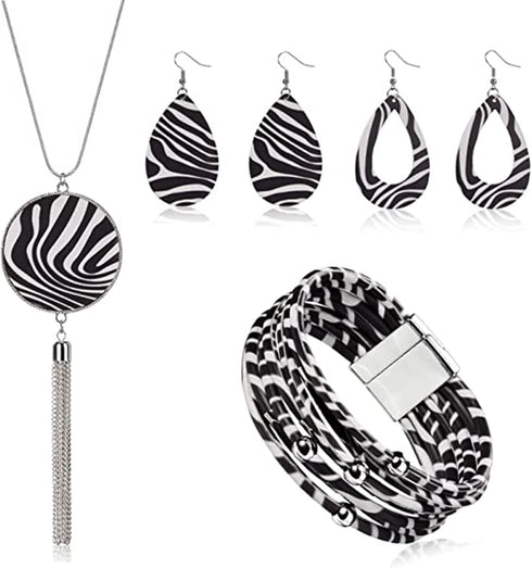4 Pieces Faux Leather Earrings Necklace Bracelet Set 4 Pieces Christmas Plaid Stripe Jewelry Set Multi-Layer Leather Bracelet, Dangle Leather Earr...