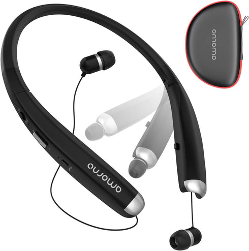 AMORNO Foldable Bluetooth Headphones, Wireless Neckband Sports Headset with Retractable Earbuds, Sweatproof Noise Cancelling Stereo Earphones with...