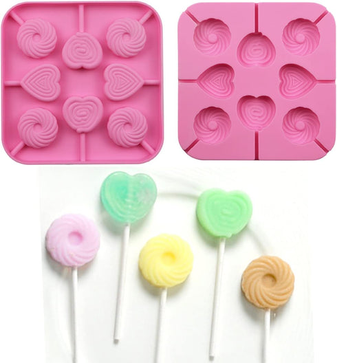 2Pcs Love heart Lollipop Candy Molds 8-Cavities Food Grade Heart Silicone Lollipop Molds Chocolate Hard Candy Molds including Heart, Round with 40...