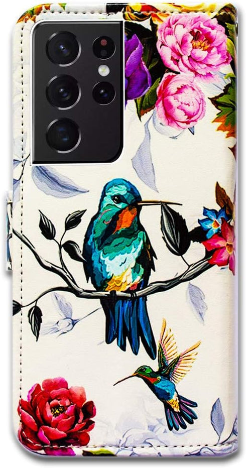 Case for Galaxy S21 Ultra 5G, Hummingbird in Flowers Bird Leather Flip Phone Case Wallet Cover with Card Slot Holder Kickstand for Samsung Galaxy ...