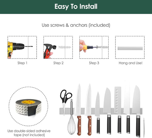Fohil Magnetic Knife Holder for Wall, Stainless Steel 10 Inch Magnetic Knife Strip Wall Mounted Magnetic Knife Bar Drilling Magnetic Knife Rack fo...