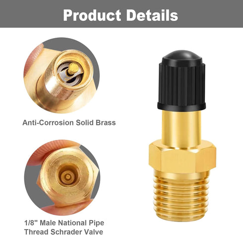 GODESON 1/8" NPT Tank Valve, Anti-Corrosion Brass Schrader Valve with 1/8" Male NPT and Caps, Air valve Using with Air Compressor Tanks (Pack of 2...