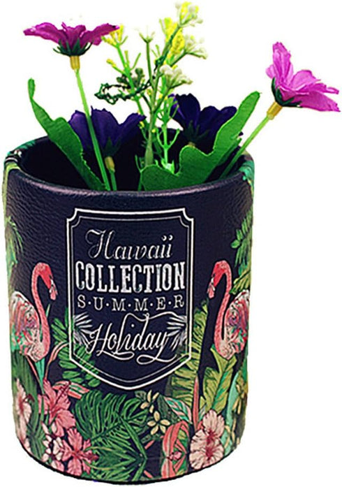 Retro Pen Container Office Desk Accessories PU Leather Cover Round Pencil Holder Desk Organizer - Flamingos...