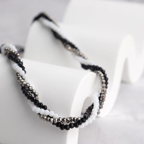 Black White Silver Gemstone Crystal Beaded Layered Choker Necklaces for Women, Dainty Y2k Handmade Triple Stone Beads Chain Twisted Necklace Beach...