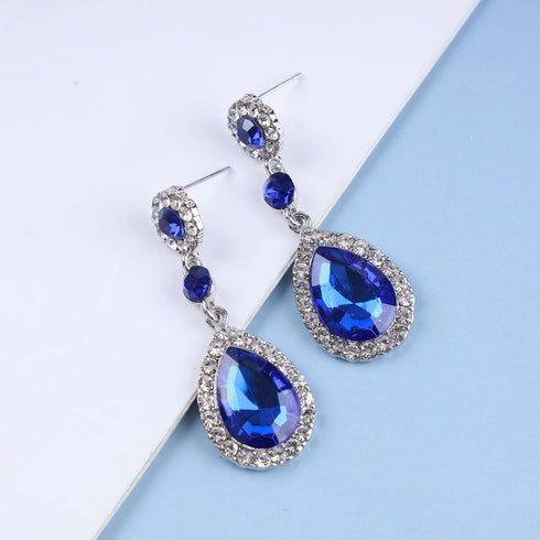 Vintage Sapphire Crystal Drop Earrings Waterdrop Sapphire Earrings Silver Teardrop Blue Rhinestone Earrings Blue Cz Bridal Earrings Jewelry for Wo...