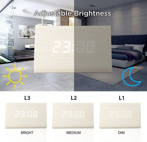 OCT17 Wooden Wood Clock, New Version LED Alarm Digital Desk Clock Adjustable Brightness, Alarm Time, Displays Time Date Temperature - White...