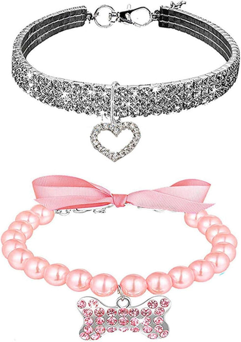 Rhinestones Dog Collar and Pearl Dog Necklace Set, Adjustable Neck Strap Bling Full Diamond Pearl Dog Collar for Small Cats Puppy for Birthday...