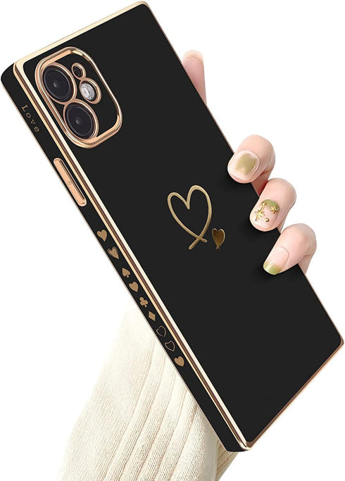 Luxury Square Case Compatible with iPhone 11, Cute Plating Gold Love Heart Pattern iPhone 11 Cover for Women & Girls Soft TPU Full Camera Lens Pro...