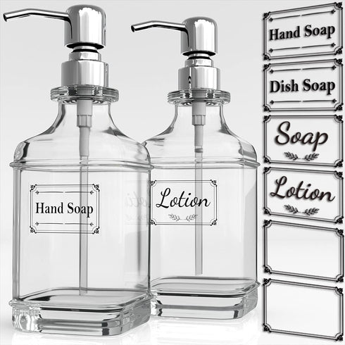GLADPURE Soap Dispenser - 2 Pack, 18 Oz Antique Design Thick Glass Hand Soap Dispensers; with 304 Rust Proof Stainless Steel Pump, 6Pcs Clear Stic...