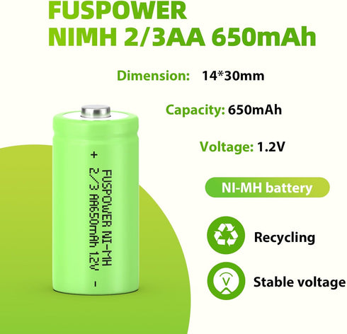 NiMH 2/3AA Rechargeable Battery 1.2V 650mAh Button Top Batteries for Garden Solar Light Pathway Lights(Not AA and AAA Battery) (8 Count (Pack of 1...