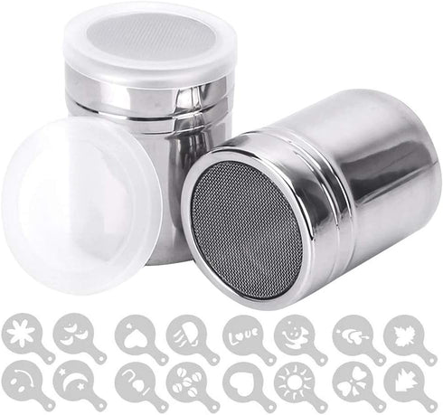 2Pcs Sugar Shaker Stainless Chocolate Shaker Cocoa Flour Icing Sugar Powder Coffee Sifter Lid Shaker+16Pcs Coffee Stencils Template Duster Spray...