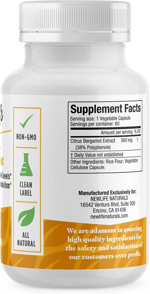 NewLife Naturals Citrus Bergamot Supplements 500 MG - Heart Health - Supplement for Wellness and Aging Support - Pure Extract Formula - 60 Veggie ...