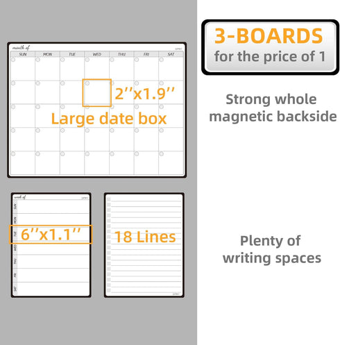 JJPRO Magnetic Monthly Calendar Whiteboard Set for Fridge-Monthly Planning Board and Two Bonus Dry Erase Grocery Board&Weekly Menu Board-Meal Plan...