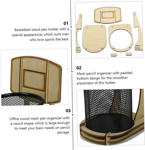Basketball Stand Pen Holder Kid Pencils Mesh Wire Pencil Cup Holder Mesh Pen Holder Basketball Pen Holder Child Desk Kids Office Wood Grain Storag...