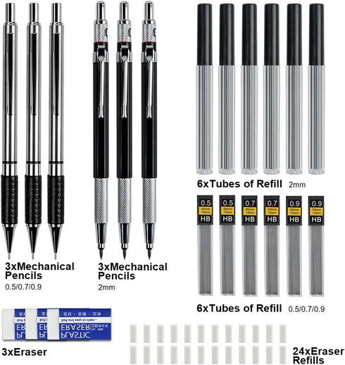 AUAUY 6PCS Metal Mechanical Pencil Set, 3PCS Drafting Pencils 0.5 mm & 0.7 mm & 0.9 mm & 3 PCS 2mm Art Pencil with 12 Tubes Lead Refills & 3 Erase...