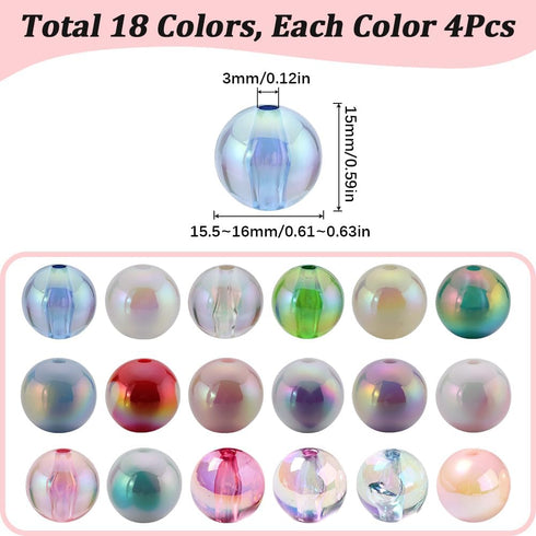 SUNNYCLUE 72Pcs Bubblegum Beads Bulk 16mm Round Beads Chunky Bead Colorful Transparent AB Color Iridescent Beadable Pen Beads Opaque Rainbow Bead ...