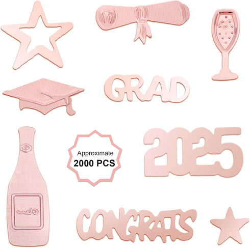 Konsait 2025 Rose Gold Graduation Confetti, 2 Oz/ 1700+ Pieces Graduation Table Decorations Congrats Stars 2025 Cap Goblet Diploma Confetti for Bi...
