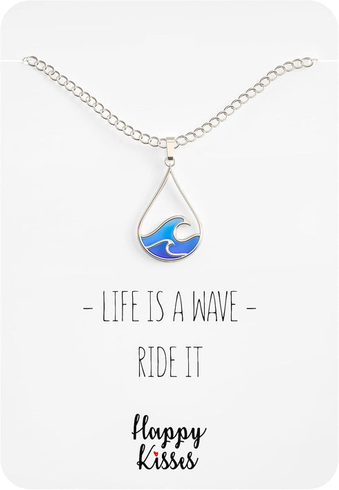 Silver Wave Necklace - Beach Jewelry for Surfers and Sea Lovers - Motivational Drop Shape Pendant with Gift Message Card...