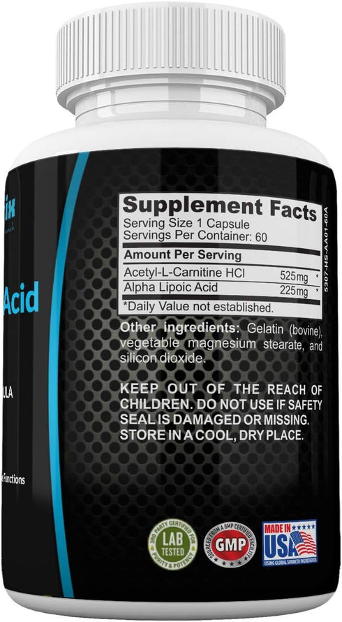 Alpha Lipoic Acid Plus Acetyl L-Carnitine Antioxidant Supplement ALA ALC for Healthy Brain Function & Muscle Strength, Focus, Memory & Cognitive F...