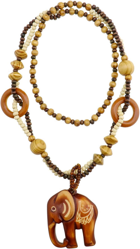 Vintage Ethnic Wood Elephant Pendant Wooden Bead Necklace Long Sweater Chain Women Vintage Necklace Jewelry Gift for Birthday Mother's Day, Valent...