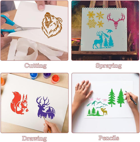 36 Pcs Animal Painting Stencils Tree Stencils Template Reusable Forest Mountain Stencils Bear Wolf Deer Animal Stencil for Painting on Wood Wall R...