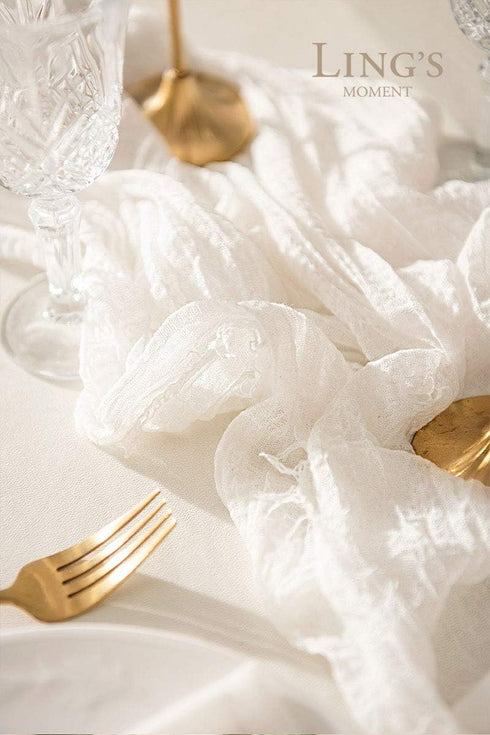 Ling's Moment 10Ft x 35" Wide Brilliant White Gauze Semi-Sheer Table Runner Cheesecloth Tablecloth for Wedding Party Bridal Shower Boho Table Deco...
