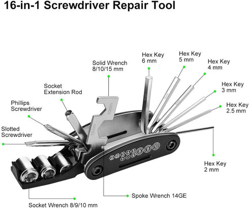Bike Repair Tool Kit,16 in 1 Multi-Function Bike Bicycle Cycling Mechanic Repair Tool Kit with 3 pcs Tire Pry Bars Rods, Motorcycle Portable Repai...