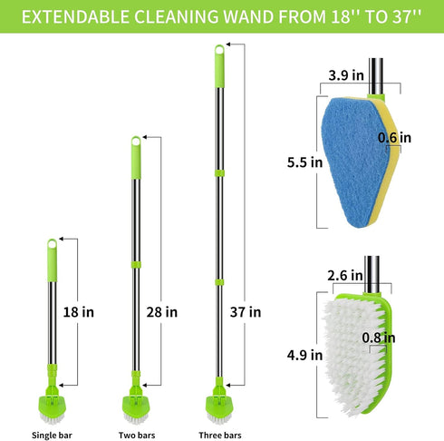 Scrub Cleaning Brush with Long Handle 35' '- 2 in 1 Extendable Floor Brush Tub & Tile Scrubber Brush Sponge with 3 Sponge Brush & 1 Stiff Bristles...