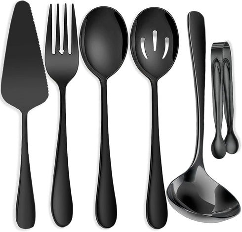 6 PCS Stainless Steel Serving Utensils, Large Serving Spoons Slotted Spoons, Forks, Ice Suger Tongs, Cake Server, Soup Ladle, Metal Utensils Set G...