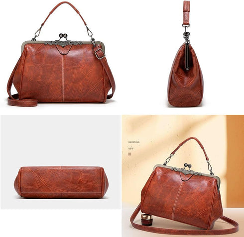 Segater® Women Retro Hollow Oil Wax PU Leather Handbag Kiss Lock Crossbody Purse Vintage Messenger Bag Tote...