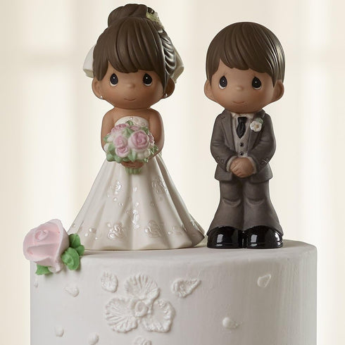 Precious Moments Perfect Couple Bride, Brunette Hair With Medium Skin Tone Bisque Porcelain Wedding Figurine & Cake Topper, 172065...