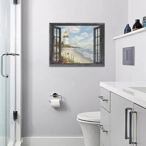 Lighthouse Nautical Wall Art Coastal Beach Pictures Canvas Prints Ocean Decorations Painting Framed Window Seascape Artwork Gifts Office Home Deco...