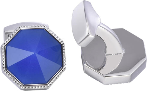 Octagon Blue Gemstone Men's Cufflinks In Gift Case Silver Tone Crystal Cufflinks for Men for Wedding Party Business Birthday Anniversary Dress...