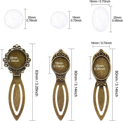Glarks 12-Pieces Mixed Metal Antique Bronze Bookmark Sets, 6 Styles Round and Oval Alloy Trays and Glass Cabochons for Reading Gift Crafting DIY B...