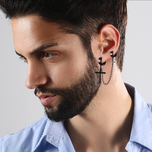 16 Pairs Stainless Steel Punk Y2K Black Dangle Earrings for Men, Axe Skull Screw Cone etc Huggie Hoop Long Chain Piercing Hoop Earrings Set for Un...