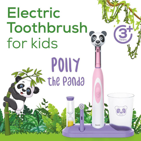 Beurer TB10 Kids Electric Toothbrush Kit - Fun Polly The Panda Cap with 2 Extra-Soft Brush Heads to Help Remove Plaque, 2 Minute Timer, and Rinse ...