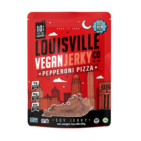 Louisville Vegan Jerky – Pepperoni Pizza Vegan and Vegetarian Friendly Meat - Lip-Smacking Jerky - Gluten-Free High Protein Vegan Snacks 19 grams ...